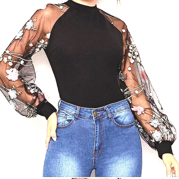 🌞Unique October Love Sheer Flower Sleeves Spring Top Sexy - Picture 2 of 9
